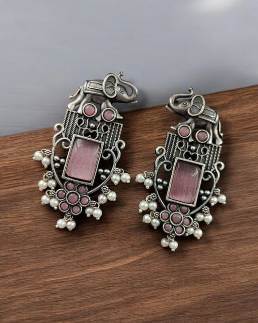 Antique Silver Plated Elephant Design Earrings | Best Traditional Indian Stone Stud Jewelry