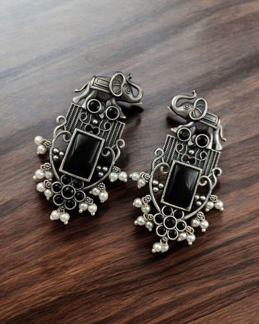 Antique Silver Plated Elephant Design Earrings | Best Traditional Indian Stone Stud Jewelry