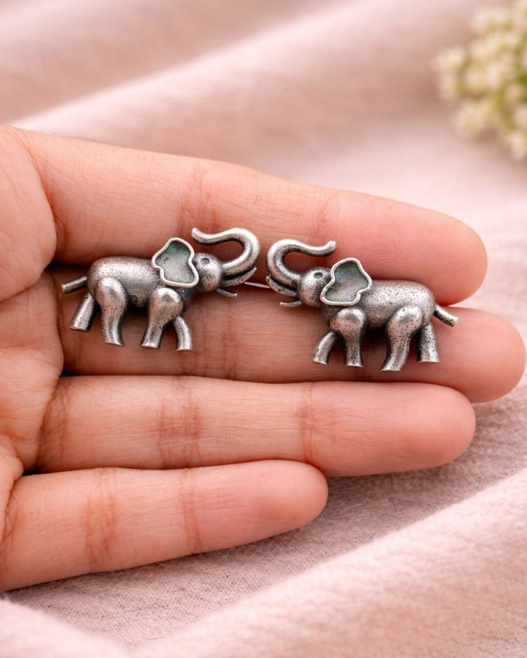 Silver Oxidised Elephant Stud Earrings