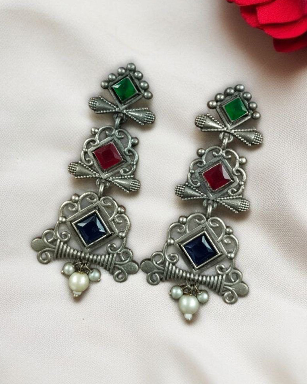 Floral Design 3 Layer Earrings with Pearls & Stones - Stylish Dangler Best Jewelry for Women