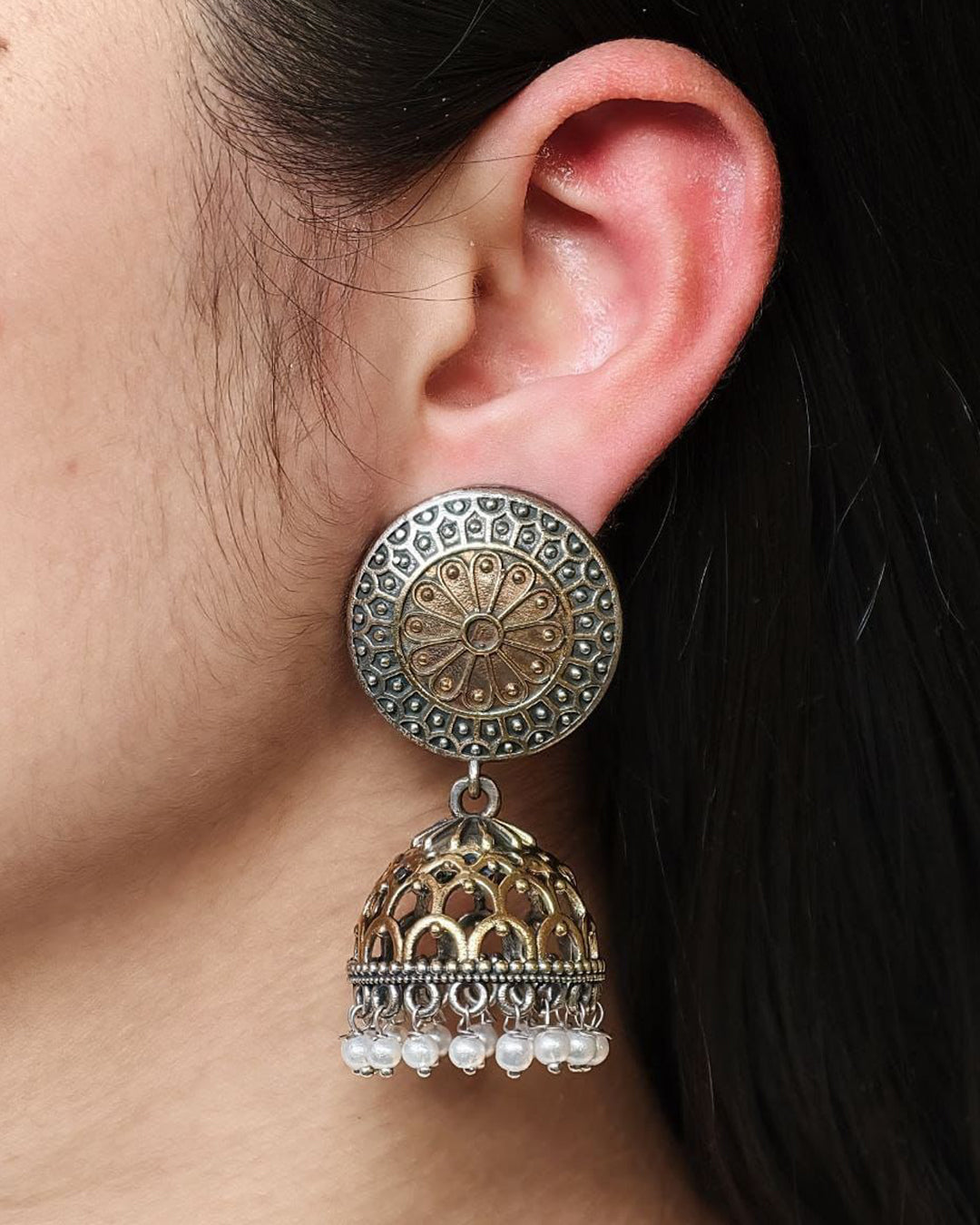 Handcrafted Two-Tone Jhumka Earrings | Pearl Work Traditional Beautiful Jewelry Gift For Her