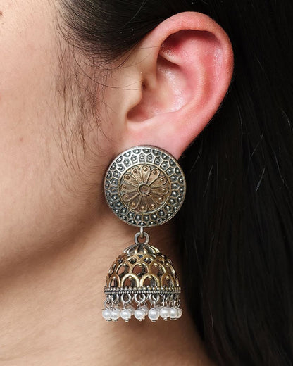 Handcrafted Two-Tone Jhumka Earrings | Pearl Work Traditional Beautiful Jewelry Gift For Her