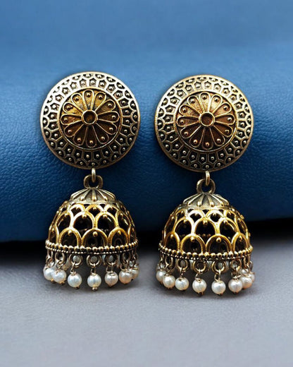Handcrafted Two-Tone Jhumka Earrings | Pearl Work Traditional Beautiful Jewelry Gift For Her