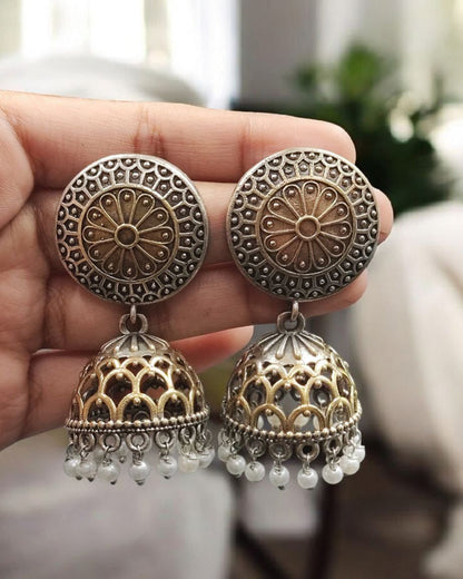 Handcrafted Two-Tone Jhumka Earrings | Pearl Work Traditional Beautiful Jewelry Gift For Her