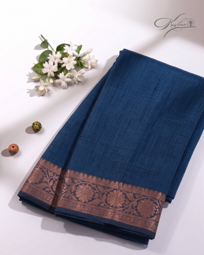 Teal Blue Cotton Mul Mul Saree With Blouse