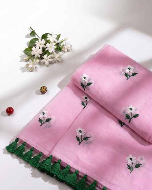 Pastel Pink Cotton Mul Mul Saree With Blouse