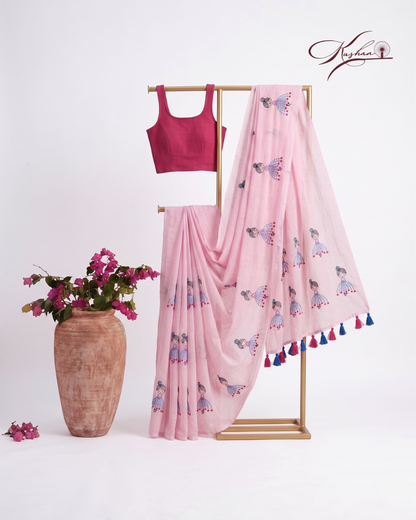 Elegant Pink Doll Print Cotton Saree with Tassel Border