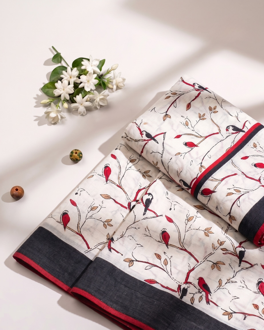 Off-White Cotton Mul Mul Saree With Blouse