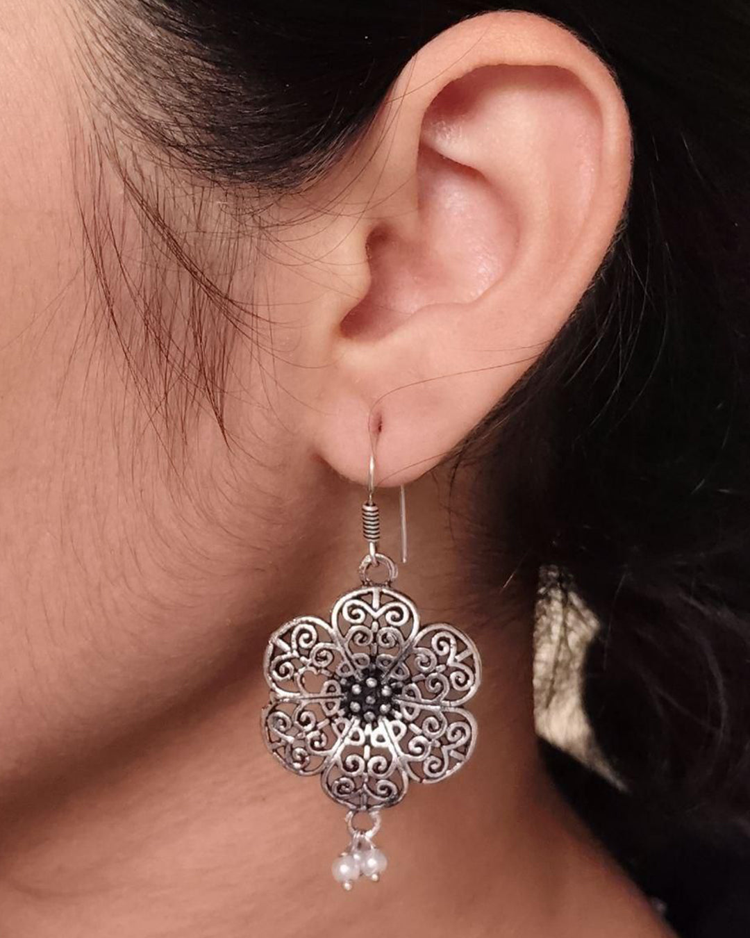 Lightweight German Silver Flower Earrings | Pearl Hook Ethnic Amazing Jewelry