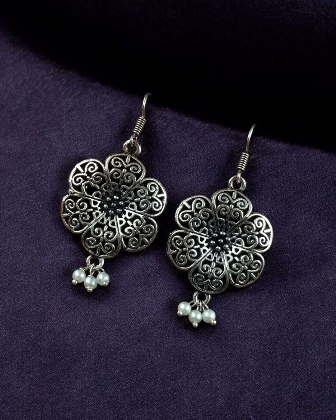 Lightweight German Silver Flower Earrings | Pearl Hook Ethnic Amazing Jewelry