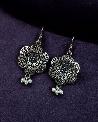 Lightweight German Silver Flower Earrings | Pearl Hook Ethnic Amazing Jewelry