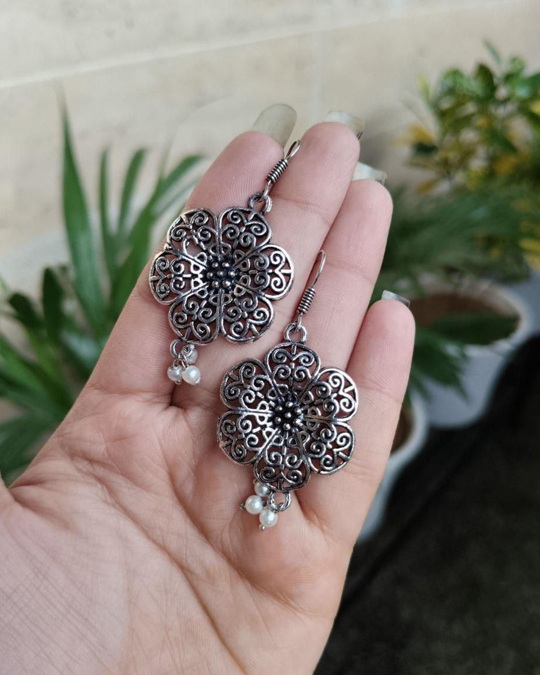 Lightweight German Silver Flower Earrings | Pearl Hook Ethnic Amazing Jewelry