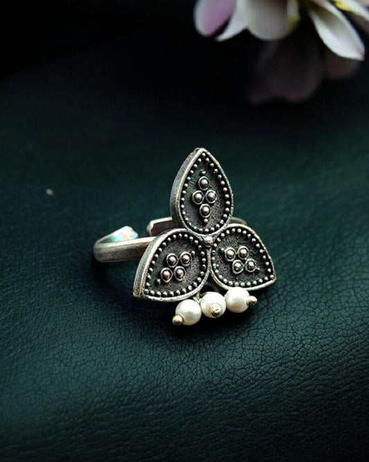 Oxidized Leaf Design Adjustable Ring | Best Pearl Work Jewelry for Women