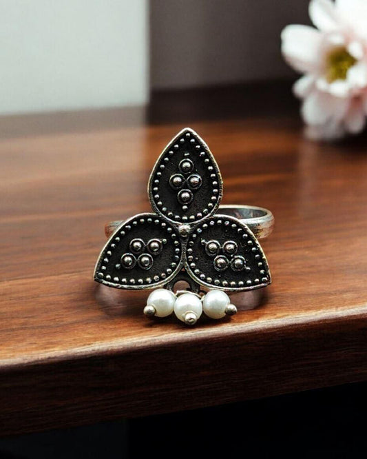 Oxidized Leaf Design Adjustable Ring | Best Pearl Work Jewelry for Women