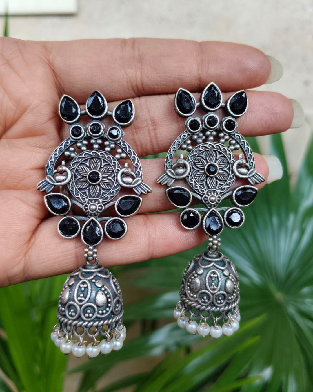 Premium Dangler Oxidized Jhumka Earring With Beautiful Pearl Work Detailing