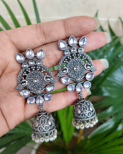 Premium Dangler Oxidized Jhumka Earring With Beautiful Pearl Work Detailing