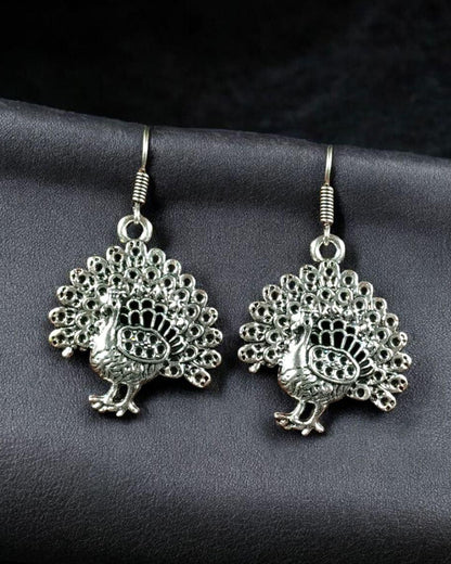 Stylish German Silver Best Peacock Dangler Earrings | Oxidized Hook Daily Wear Jewelry for Girls
