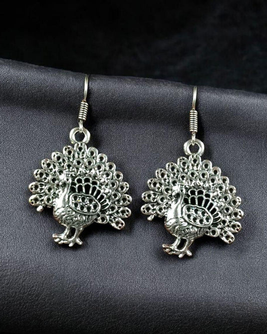 Stylish German Silver Best Peacock Dangler Earrings | Oxidized Hook Daily Wear Jewelry for Girls