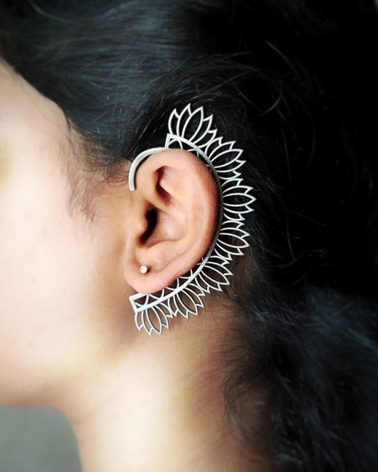 Silver Replica Lotus Earcuff | Unique Earrings No Piercing | Trendy Jewelry